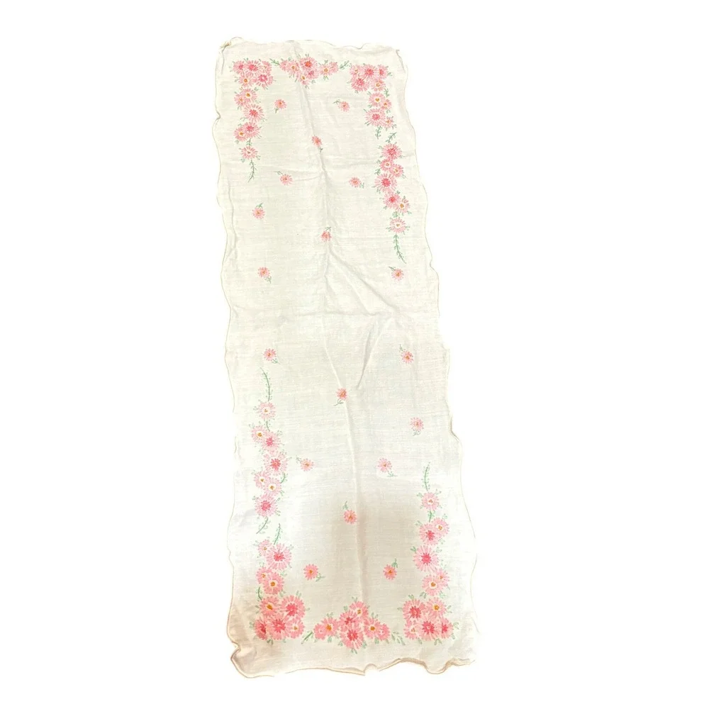 Vintage Hand Embroidered Floral Table Runner Pink Scalloped Edge 38 Inch Cream
